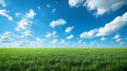 Obraz premium Vibrant Green Field Under a Blue Sky with Fluffy Clouds