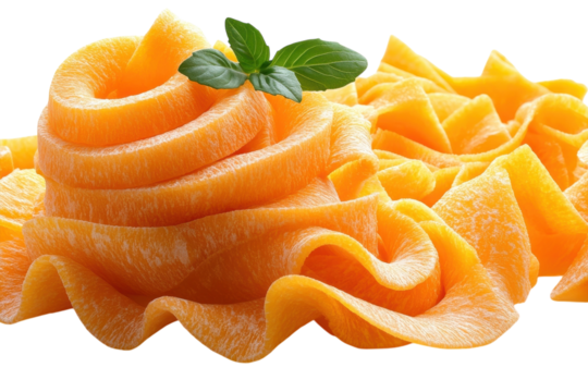 Freshly spiraled butternut squash ribbons with basil garnishing on a clean surface