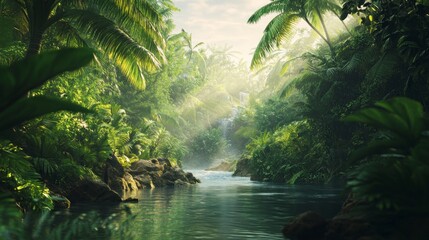 Fototapeta premium Serene Jungle Stream with Lush Greenery and Waterfall