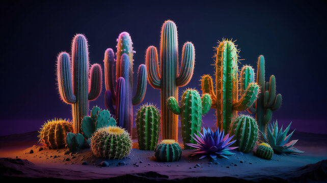 Exotic desert scene glows with a magical vibrant cacti collection displaying saguaro barrel and agave plants against a surreal dark sky captivating southwestern beauty. - Powered by Adobe