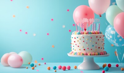 birthday or anniversary cake celebration with balloons and party decoration as banner with copy space area - Generative AI