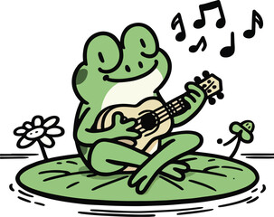 Frog Playing Ukulele. Cartoon Illustration.