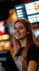 food service industry jobs, young female cashier greeting customers with bright smile at fast food restaurant cashier counter, ai generated images.