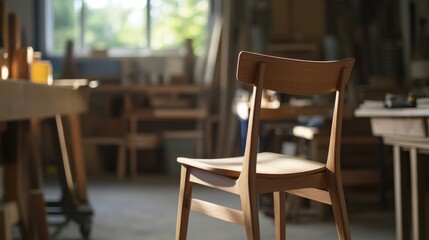 Carpenter assembling a wooden chair in a workshop. Featuring woodworking and furniture assembly