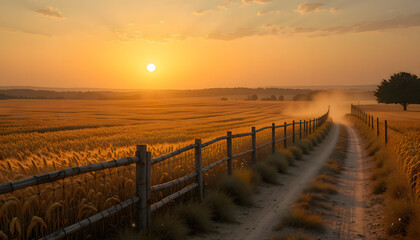 Obraz premium Wheat Field Path at Sunset with Wooden Fence and Golden Light