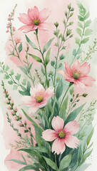 Fototapeta premium Watercolor painting of pink cosmos flowers and green foliage against a light pink and green background, soft and beautiful.