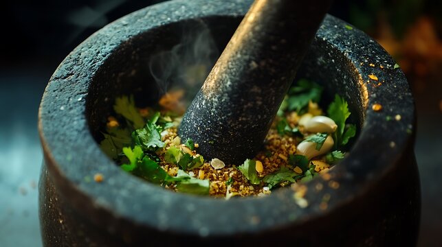 Grinding Herbs in Stone Mortar and Pestle - Powered by Adobe