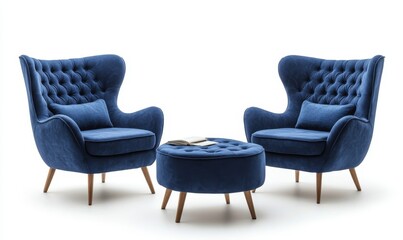collection Set of blue retro vantage armchairs next to ottoman side table cutouts single seat sofas isolated on white background - Generative AI
