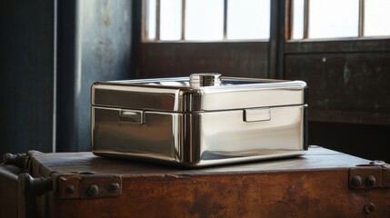 Reflective Chrome Metal Box on Rusted Surface
