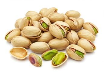 A pile of pistachios with some shells open revealing the green nut on a white background view