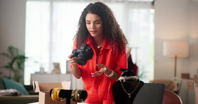 Logistics, photography and jewelry with woman and product for small business, designer or ugc marketing. Ecommerce, online boutique and post with person in office for entrepreneur or creative startup