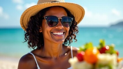 Smiling woman enjoys a sunny beach day while holding a vibrant fruit bouquet in her hands