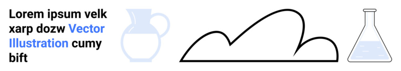 Cloud shape with a black outline, faint pitcher silhouette, and science flask containing liquid. Ideal for education, science, weather, minimal design, environment, technology simple landing page