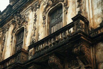 Fototapeta premium Dirty facade of historic building carvings hidden by grime stone details faded under soot giving haunting sense of time and neglect.
