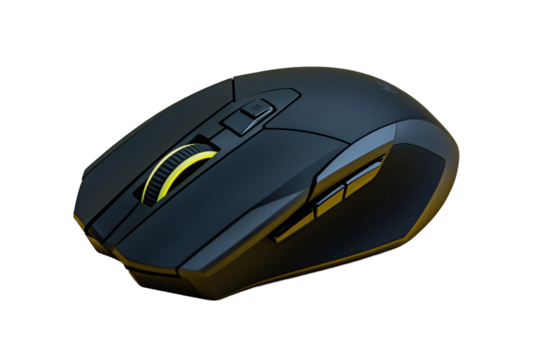Isolated Black Wireless Mouse with Yellow Scroll