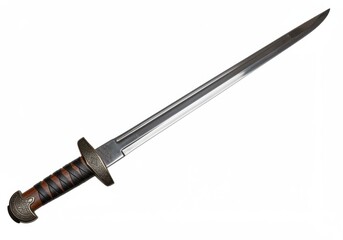 Isolated image of a viking sword with detailed handle and shiny blade on a white background surface