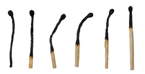 Isolated set of burnt matches on white background