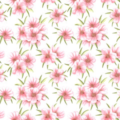 Obraz premium Almond branches with pink flowers and green leaves watercolor seamless pattern. Hand drawn illustration from sakura or cherry blossom. Floral background of spring blooming. Template for wallpaper.