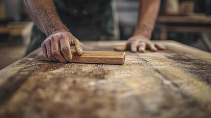 Carpenter sanding down a wooden table surface. Featuring sanding