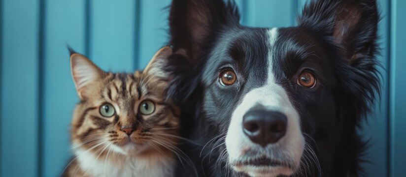 Cat dog friends blue wall portrait