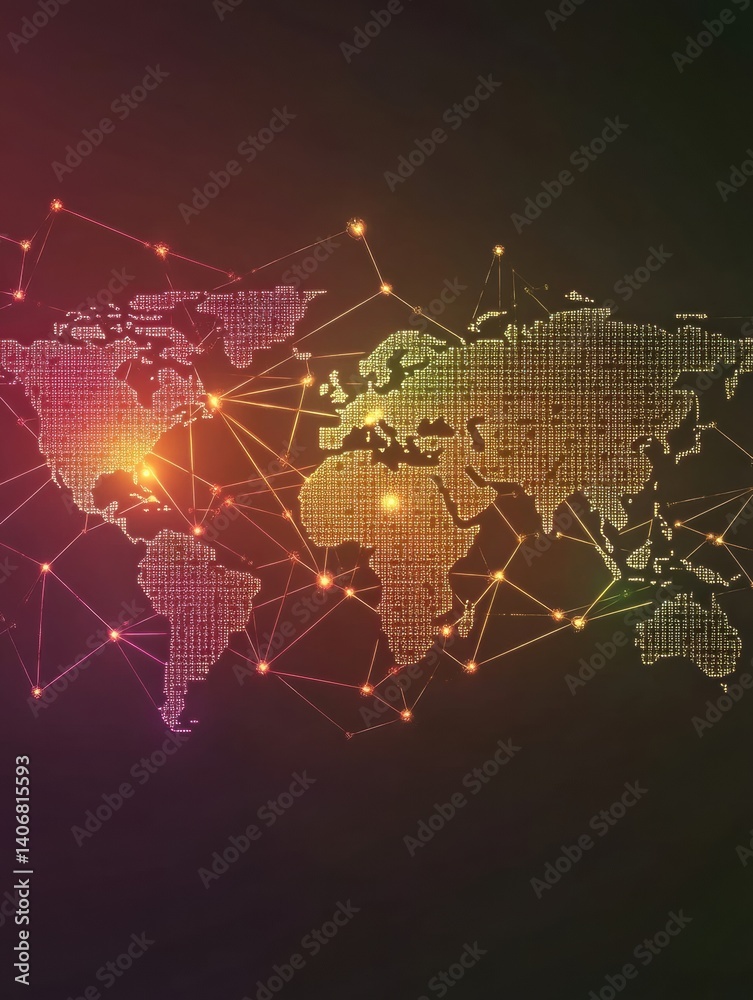 Aufkleber Stylized dotted world map with glowing connection lines shows global connectivity on a minimal gradient background