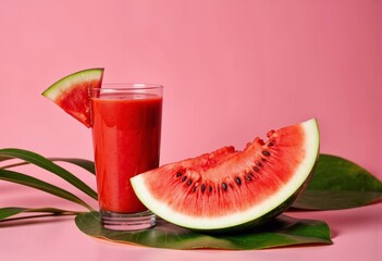 Refreshing watermelon juice with sliced fruit on a pink background  