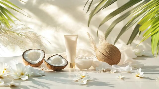 A white background with a white bowl of coconut cream, a white bottle of lotion, and a half-eaten coconut