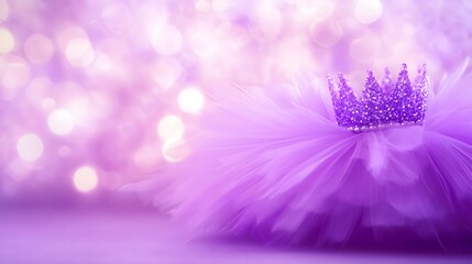 A purple tutu skirt with a gold crown on it, a princess-themed background, blurred lights in the background
