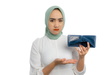 Beautiful young Asian woman in green hijab and white blouse showing empty wallet with sad facial expression isolated on transparent background