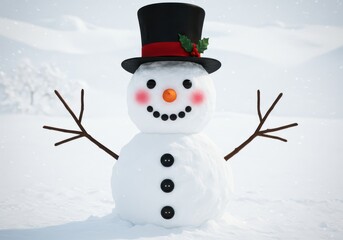 Obraz premium A cheerful snowman with a black top hat and a red ribbon stands in a snowy winter wonderland