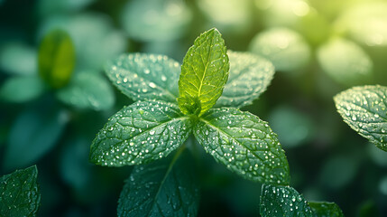 A richly detailed photography of a garden mint plant, its vibrant green leaves glistening with freshness, emphasizing its texture and aroma.