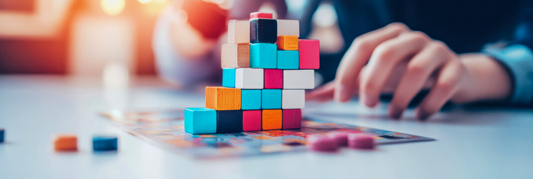 Brain teaser game. Educational play with toy block tower to boost skills of logical thinking and problem solving, print for card