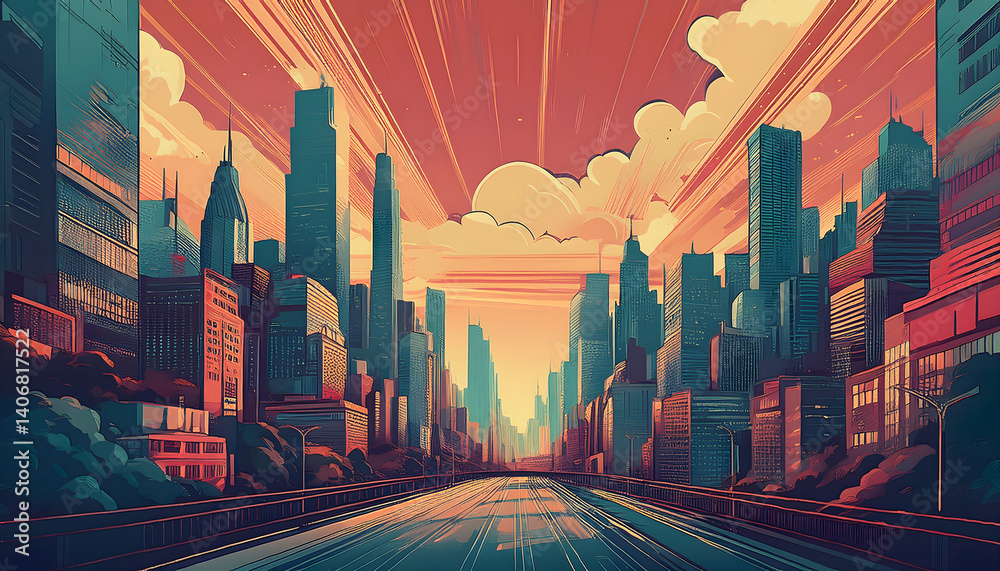Poster futuristic cityscape with vibrant colors and dynamic lines
