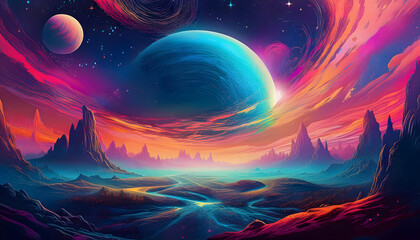 Surreal cosmic landscape with vibrant colors and celestial bodies