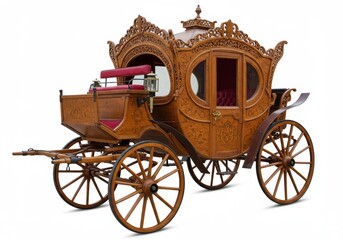 Fototapeta premium Ornate wooden carriage with red interior and intricate carvings isolated on a white background shot in studio