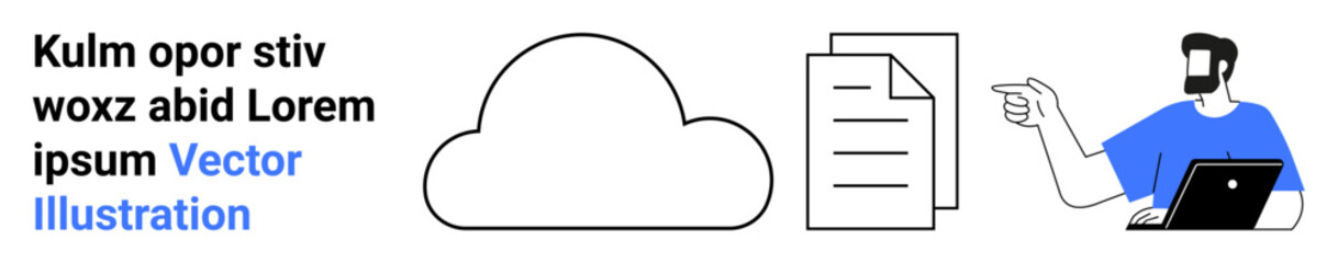 Cloud icon, documents, and a person using a laptop gesturing toward files, representing teamwork, digital storage, file management, accessibility, online collaboration. Ideal for cloud services file