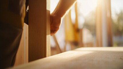 Carpenter fitting a door frame in a house. Featuring woodwork and installation