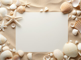 A blank piece of paper surrounded by various seashells and starfish on a light beige sandy background.