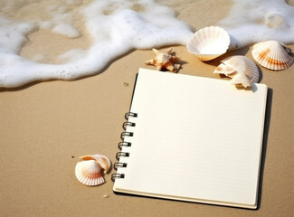 A blank notebook sits on a sandy beach, surrounded by seashells and ocean waves, a depiction of coastal serenity.