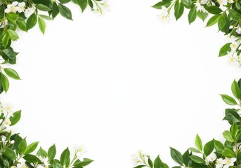 Green leaves and white flowers border frame on a white background minimalist style top view flat lay design