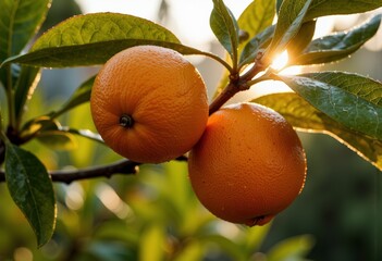 Fresh oranges glowing in sunlight on a green branch  