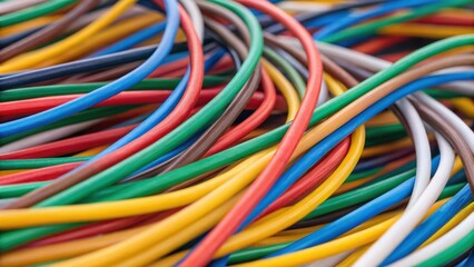 Colorful wires intertwined in a chaotic arrangement, showcasing a vibrant mixture of electrical cables.