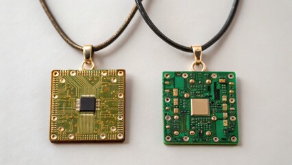 Two circuit board pendants on necklaces, showcasing intricate designs and technology in jewelry.