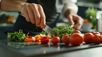 Chef preparing fresh ingredients on a stainless steel countertop. Featuring kitchen expertise