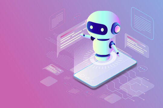 Isometric view of a smartphone and chatbot on purple technological background. Ideal for technology designs. Abstract digital device interface technology. 3D mobile phone and robot, isometric view.