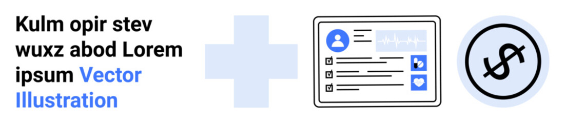 Medical profile card, blue cross icon, and dollar sign convey healthcare, insurance, budgeting, access, payment, policy understanding. Ideal for finance hospital consultation simple landing page