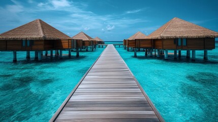 Fototapeta premium Overwater Bungalows and Wooden Walkway in Turquoise Water