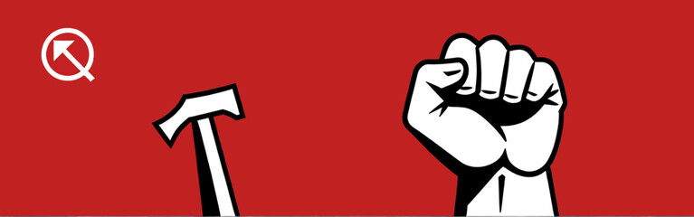 a red-background-with-a-raised-fist-hammer-anda-Q-with-arrow-insidea-circle-symbols-of-socialist_or left ist ideologies
