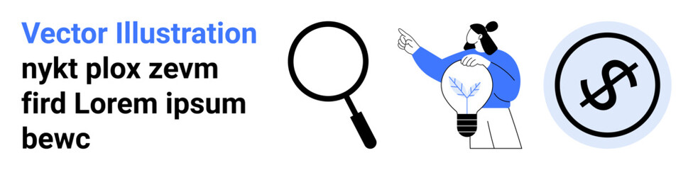 Person holding a glowing lightbulb with a leaf, a magnifying glass, and a dollar sign icon. Ideal for innovation, sustainability, finance, business growth, problem-solving, analysis simple landing