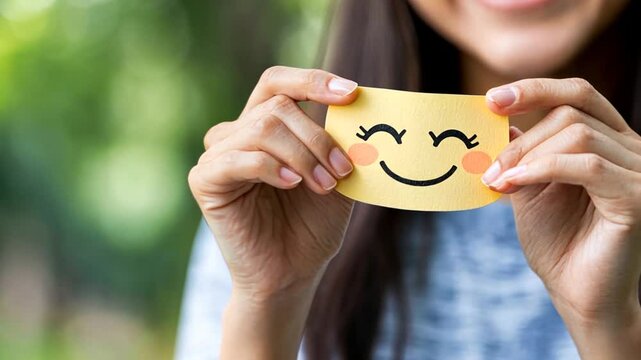 Woman holding a yellow smiley face note outdoors, showcasing joy amidst a lush green background